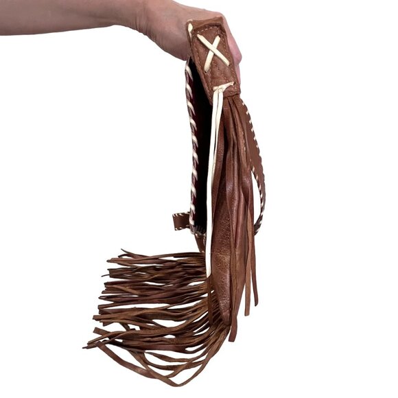 Handcrafted Brown Leather Crossbody Bag Red Rose Embroidery & Fringe Accents GUC - Picture 8 of 12